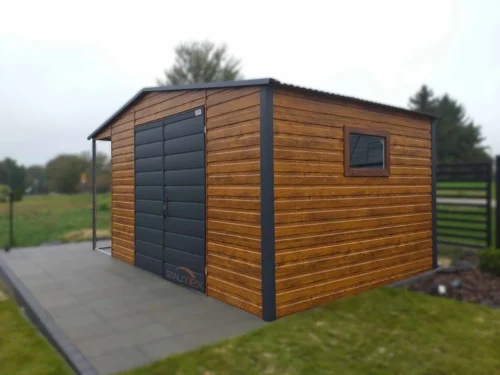Záhradný domček 5x3 m Zlatý dub / RAL 7016 Antracit | Bočný prístrešok 1 m | Okno | Zosilnená konštrukcia