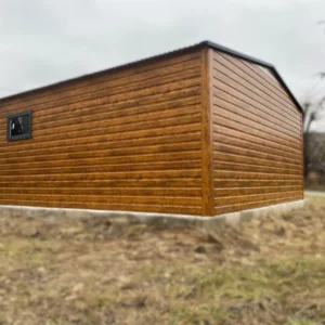 Plechová garáž 5x5m Zlatý dub / RAL 7016 Antracit | Brána s pohonom | Dielenská zóna | Zosilnená konštrukcia