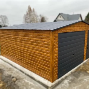Plechová garáž 5x5m Zlatý dub / RAL 7016 Antracit | Brána s pohonom | Dielenská zóna | Zosilnená konštrukcia