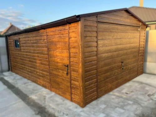 Plechová garáž 4x5m Zlatý dub | Vodorovný panel | Dvere a Odkvapy | Zosilnená konštrukcia