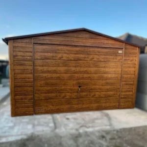 Plechová garáž 4x5m Zlatý dub | Vodorovný panel | Dvere a Odkvapy | Zosilnená konštrukcia