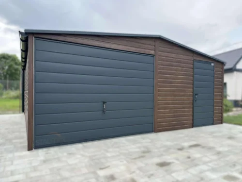 Plechová garáž 6x6m Orech / RAL 7016 Antracit | Dielenská zóna + 2 Okná | Zosilnená konštrukcia