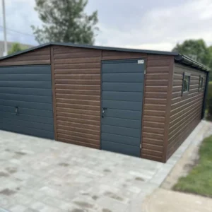 Plechová garáž 6x6m Orech / RAL 7016 Antracit | Dielenská zóna + 2 Okná | Zosilnená konštrukcia