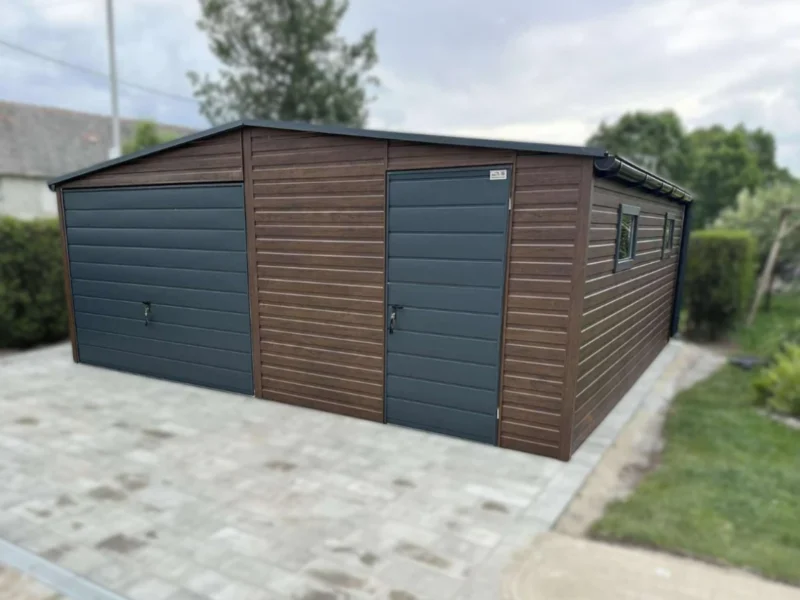 Plechová garáž 6x6m Orech / RAL 7016 Antracit | Dielenská zóna + 2 Okná | Zosilnená konštrukcia