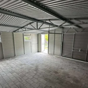 Plechová garáž 6x6m Orech / RAL 7016 Antracit | Dielenská zóna + 2 Okná | Zosilnená konštrukcia
