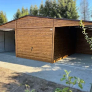 Plechová dvojgaráž 8x6m Zlatý dub | Garáž 6m + Prístrešok 2m | Filc a Odkvapy | Zosilnená konštrukcia