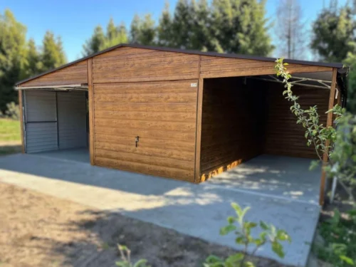 Plechová dvojgaráž 8x6m Zlatý dub | Garáž 6m + Prístrešok 2m | Filc a Odkvapy | Zosilnená konštrukcia