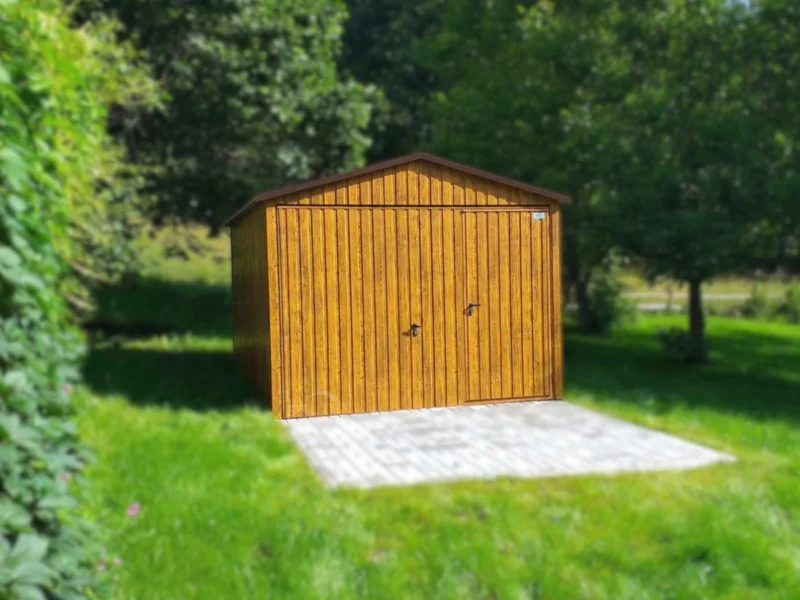 Plechová garáž 3x5m Zlatý dub | Výklopná brána s prechodom | Zosilnená konštrukcia
