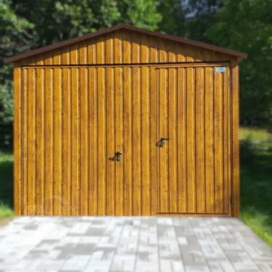 Plechová garáž 3x5m Zlatý dub | Výklopná brána s prechodom | Zosilnená konštrukcia