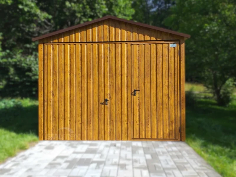 Plechová garáž 3x5m Zlatý dub | Výklopná brána s prechodom | Zosilnená konštrukcia