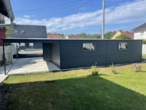 Plechová garáž s prístreškom 9,5x6m BTX 7016 Antracit Mat | Garáž 6,5m + Prístrešok 3m | 4x Výklopné okno | Zosilnená konštrukcia