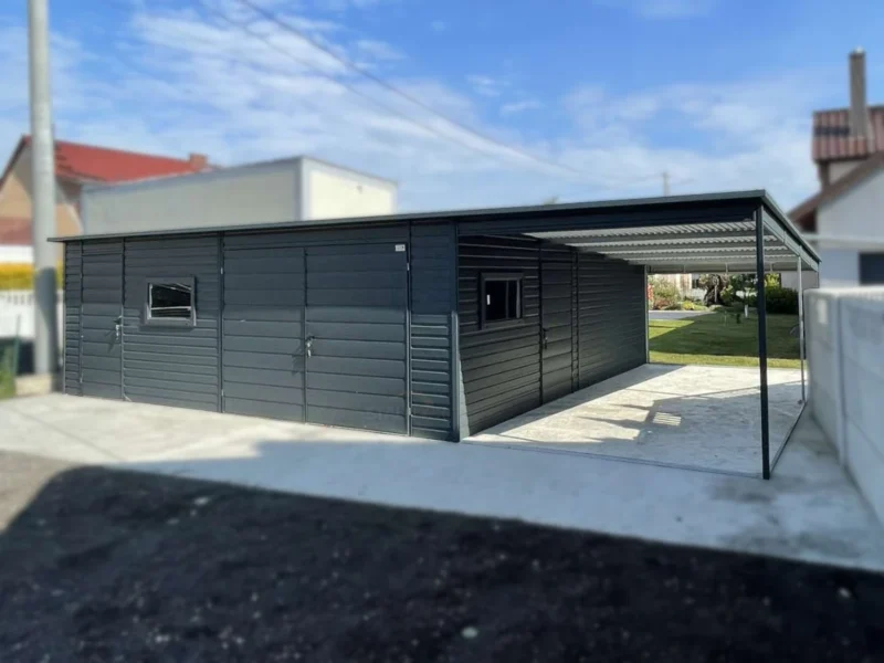 Plechová garáž s prístreškom 9,5x6m BTX 7016 Antracit Mat | Garáž 6,5m + Prístrešok 3m | 4x Výklopné okno | Zosilnená konštrukcia