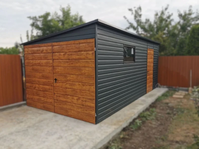 Plechová garáž 3x5m RAL 7016 Antracit / Zlatý dub | Bočný spád | Výklopné okno | Zosilnená konštrukcia