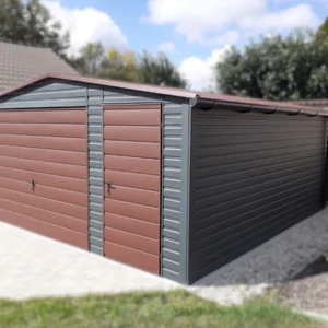 Plechová garáž 5x5m BTX 7016 Antracit Mat / BTX 8017 Hnedá Mat | Dvere a Odkvapy | Zosilnená konštrukcia