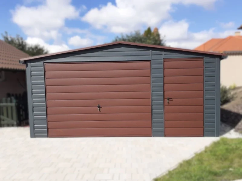 Plechová garáž 5x5m BTX 7016 Antracit Mat / BTX 8017 Hnedá Mat | Dvere a Odkvapy | Zosilnená konštrukcia