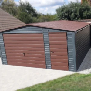 Plechová garáž 5x5m BTX 7016 Antracit Mat / BTX 8017 Hnedá Mat | Dvere a Odkvapy | Zosilnená konštrukcia