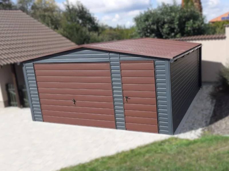 Plechová garáž 5x5m BTX 7016 Antracit Mat / BTX 8017 Hnedá Mat | Dvere a Odkvapy | Zosilnená konštrukcia