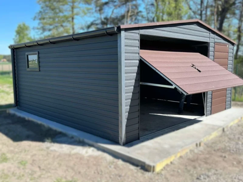 Plechová garáž 5x5m BTX 7016 Antracit Mat / BTX 8017 Hnedá Mat | Dvere a Odkvapy | Zosilnená konštrukcia