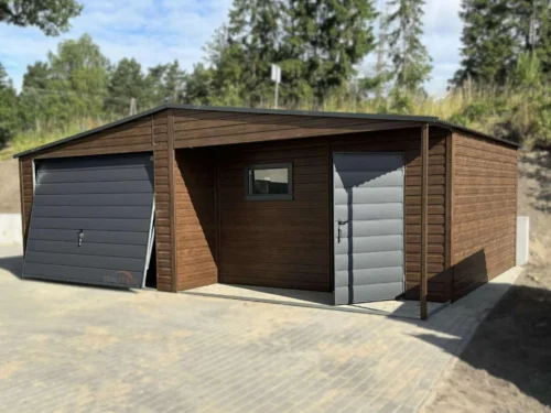 Plechová garáž s výklenkom 7x5m Orech / RAL 7016 Antracit | Dvere a Okno | Zosilnená konštrukcia