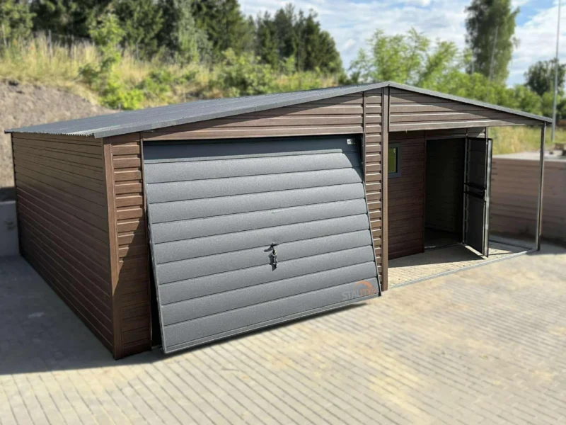 Plechová garáž s výklenkom 7x5m Orech / RAL 7016 Antracit | Dvere a Okno | Zosilnená konštrukcia