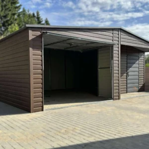 Plechová garáž s výklenkom 7x5m Orech / RAL 7016 Antracit | Dvere a Okno | Zosilnená konštrukcia
