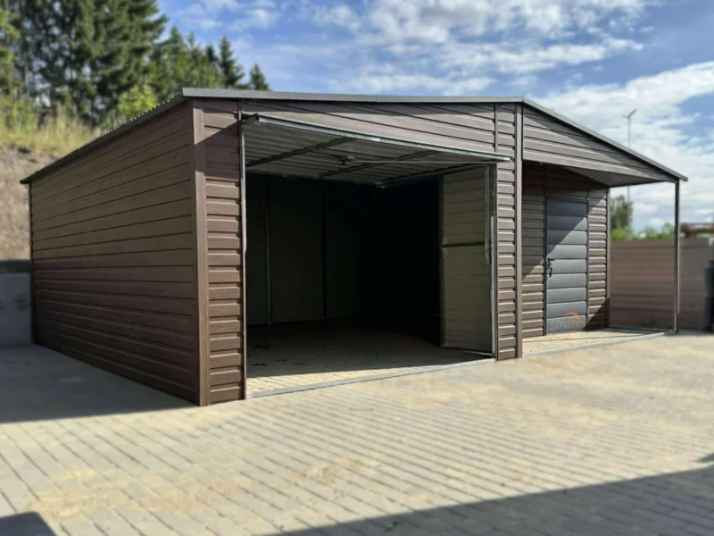 Plechová garáž s výklenkom 7x5m Orech / RAL 7016 Antracit | Dvere a Okno | Zosilnená konštrukcia