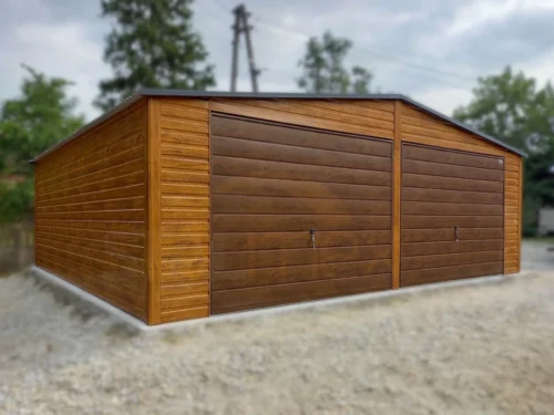 Plechová dvojgaráž 7x6m Zlatý dub / Orech | 2x Brána + Dvere | Filc | Zosilnená konštrukcia