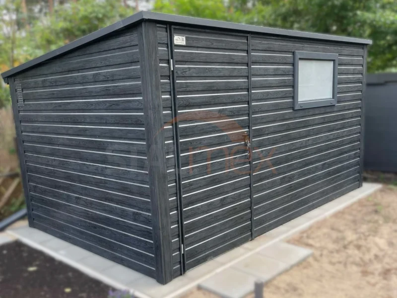 Záhradný domček 4x2,5 m Grafit dekor dreva | Okno a Odkvapy | Zosilnená konštrukcia