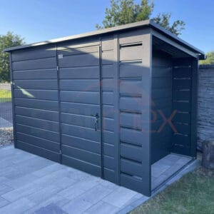 Moderný záhradný domček s prístreškom 3,5x1,8 m RAL 7016 Antracit Mat | Zosilnená konštrukcia