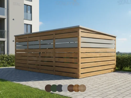 Prístrešok na smetné nádoby 5x3 m [Varianty] | Vodorovné lamely | Dvojkrídlové dvere | Pozinkovaný profil