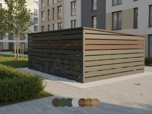Prístrešok na smetné nádoby 5x4 m [Varianty] | Vodorovné lamely | Dvojkrídlové dvere | Pozinkovaný profil