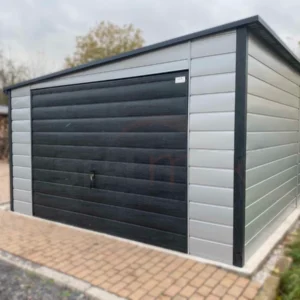 Plechová garáž 4x6m Sivá / Grafit dekor dreva | Bočný spád | Okná | Zosilnená konštrukcia