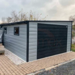 Plechová garáž 4x6m Sivá / Grafit dekor dreva | Bočný spád | Okná | Zosilnená konštrukcia