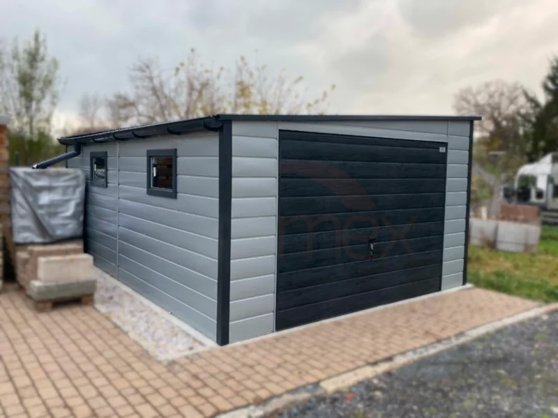 Plechová garáž 4x6m Sivá / Grafit dekor dreva | Bočný spád | Okná | Zosilnená konštrukcia