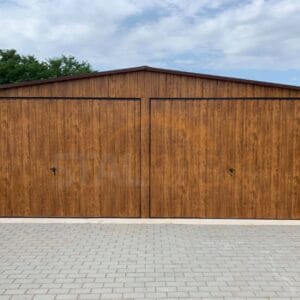 Plechová dvojgaráž 6×5 m Zlatý dub | Sedlová strecha | 2x Výklopná brána