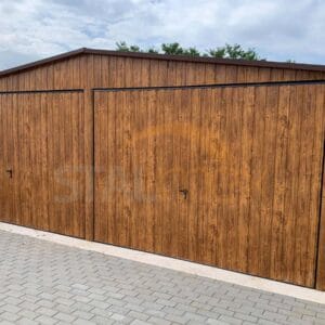Plechová dvojgaráž 6×5 m Zlatý dub | Sedlová strecha | 2x Výklopná brána