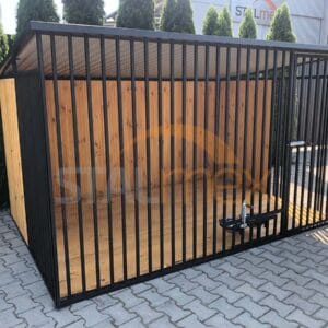 Koterec pre psa 3x2 m Čierny | Drevené obloženie | Drevená podlaha | Otočné misky | Zvislé profily