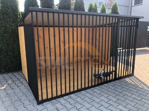 Koterec pre psa 3x2 m Čierny | Drevené obloženie | Drevená podlaha | Otočné misky | Zvislé profily