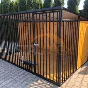 Koterec pre psa 3x2 m Čierny | Drevené obloženie | Drevená podlaha | Otočné misky | Zvislé profily