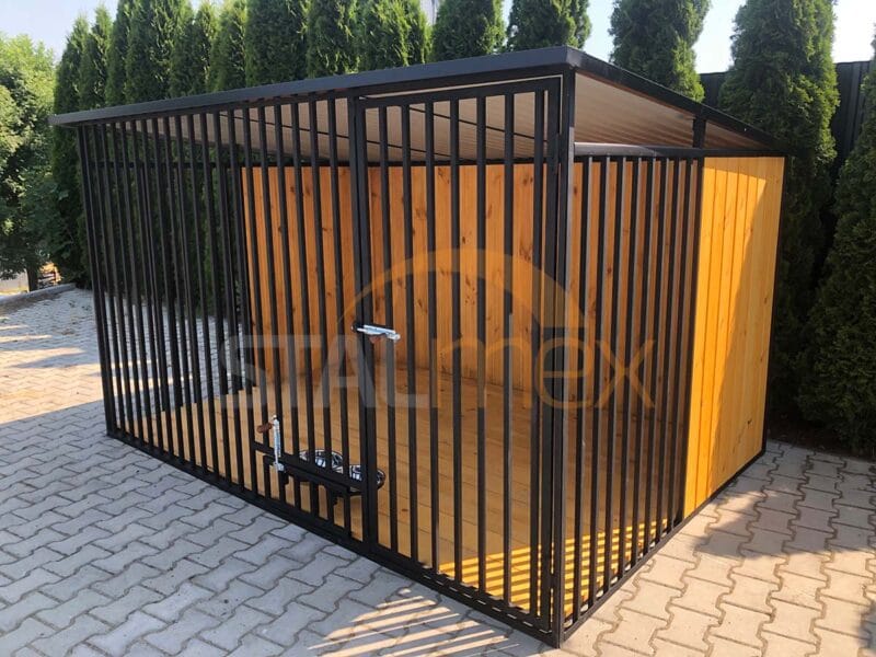 Koterec pre psa 3x2 m Čierny | Drevené obloženie | Drevená podlaha | Otočné misky | Zvislé profily