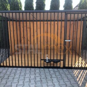 Koterec pre psa 3x2 m Čierny | Drevené obloženie | Drevená podlaha | Otočné misky | Zvislé profily