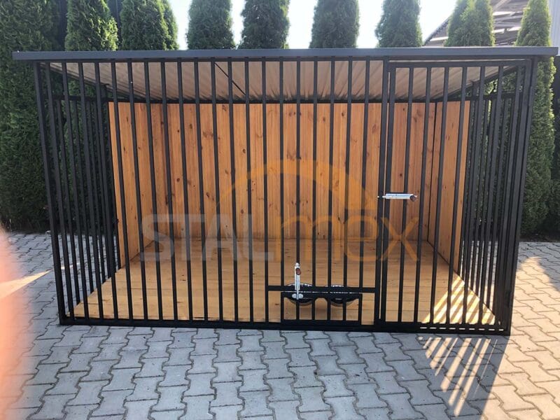 Koterec pre psa 3x2 m Čierny | Drevené obloženie | Drevená podlaha | Otočné misky | Zvislé profily