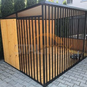 KDC6-1 Koterec pre psa 3x2 m Čierny | Drevené obloženie | Drevená podlaha | Otočné misky | Zvislé profily