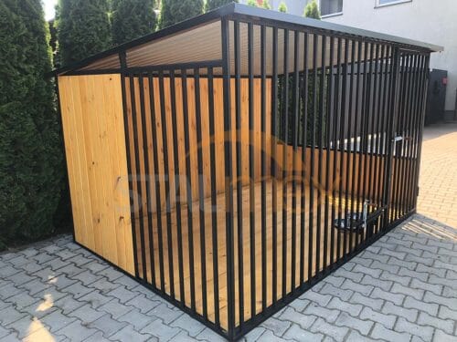 Koterec pre psa 3x2 m Čierny | Drevené obloženie | Drevená podlaha | Otočné misky | Zvislé profily