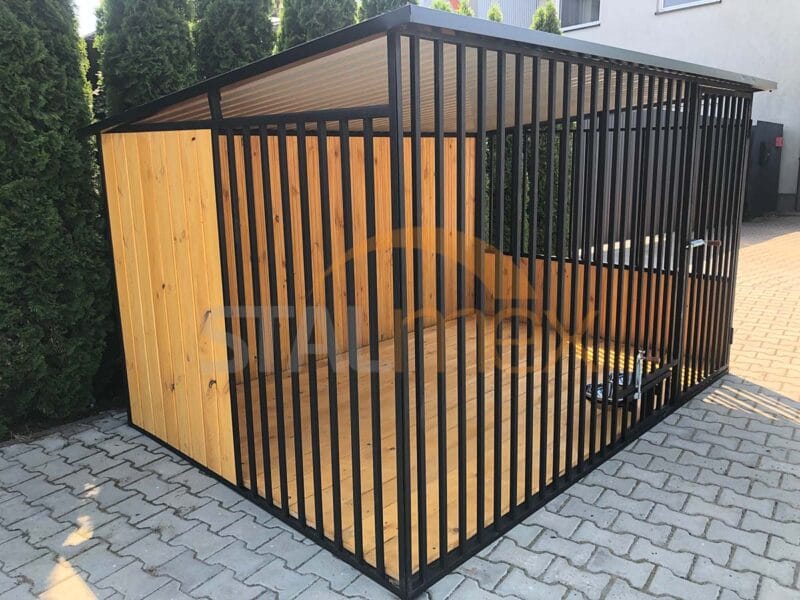 KDC6-1 Koterec pre psa 3x2 m Čierny | Drevené obloženie | Drevená podlaha | Otočné misky | Zvislé profily