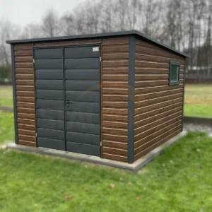 Záhradný domček 2,8x3 m Orech dekor dreva / RAL 7016 Antracit Mat | Dvere 2,00 m | Zosilnená konštrukcia
