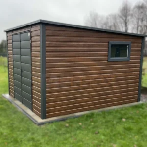 Záhradný domček 2,8x3 m Orech dekor dreva / RAL 7016 Antracit Mat | Dvere 2,00 m | Zosilnená konštrukcia