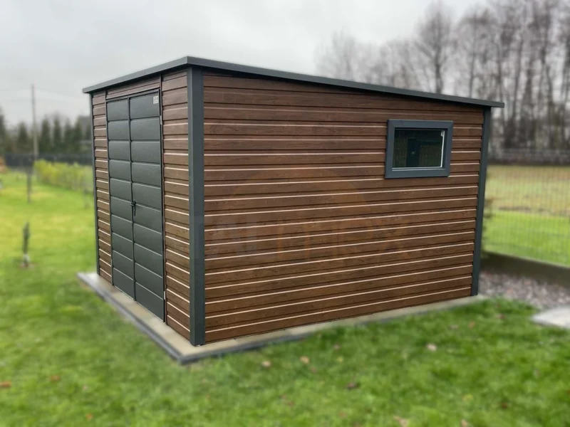 Záhradný domček 2,8x3 m Orech dekor dreva / RAL 7016 Antracit Mat | Dvere 2,00 m | Zosilnená konštrukcia