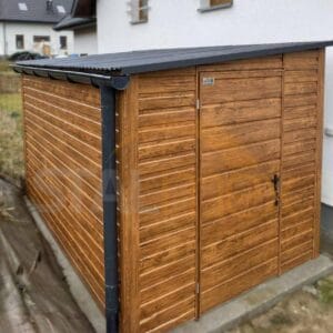 D219_2 Záhradný domček 2×4 m Zlatý dub | Úzke čelo 2m | Odkvapy | Zosilnená konštrukcia