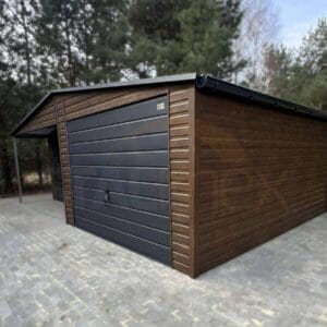 GD144_1 Plechová garáž s výklenkom 7x5m Orech / RAL 7016 Antracit | Dvere a Okno | Filc a Odkvapy | Zosilnená konštrukcia
